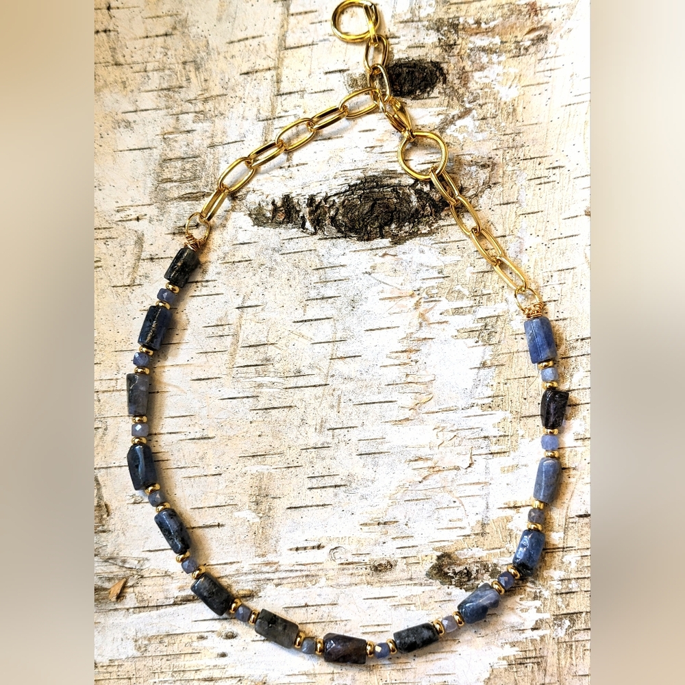 RARE! Natural Purple Tanzanite-Mined Beads In Paperclip  Gold Plated Necklace